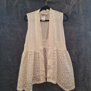 LOGO Cardigan‎ Eyelet Vest Top Womans L Ivory Boho Festival Cottage Lightweight
